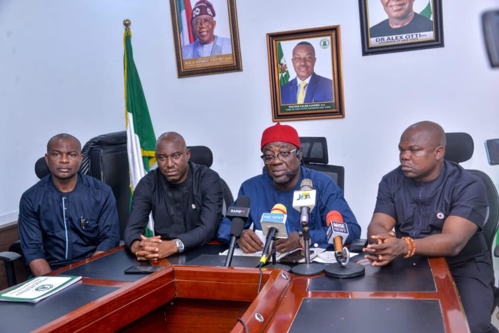 L-R: Special Adviser (Media &Publicity), Mr. Ferdinand Ekeoma, Commissioner for Power and Public Utilities, Engr. Ikechukwu Monday, Commissioner for Information, Prince Okay Kanu and Chief Press Secretary to the Governor, Citizen Ukoha Njoku Ukoha, during a press briefing, Monday, June 16, 2025