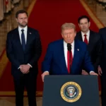 L-R: Vice President JD Vance, President Donald Trump, Secretary of State Marco Rubio, Secretary of Defence Pete Hegseth