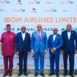 Akwa Ibom Governor (middle) with management of Ibom Air during AGM at Four Point by Sheraton Hotel,Ikot Ekpene, June 25, 2025