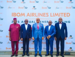 Akwa Ibom Governor (middle) with management of Ibom Air during AGM at Four Point by Sheraton Hotel,Ikot Ekpene, June 25, 2025