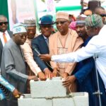 From left: President Bola Tinubu; INEC Mahmood Yakubu; Minister of FCT, Nyesome Wike, Speaker House of Representative, Tajudeen Abass and Deputy Senate President, Jubril Barau during the flag of the designed and construction of the INEC headquarters in Abuja on Tuesday, June 17, 2025