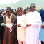 L-R: Minister of state FCT, Mariya Mahmoud, Speaker House of Rep, Tajudeen Abbas (Representative of President Boka Tinubu), FCT Minister, Nyesom Wike, Senate Committee Chairman on FCT, Senator Ibrahim Bomai and Chairman Senate Committee on Area council and Auxiliary matters, Senator Jim-kuta at the Commissioning of the newly constructed Access road in Giri District