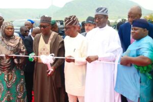 L-R: Minister of state FCT, Mariya Mahmoud, Speaker House of Rep, Tajudeen Abbas (Representative of President Boka Tinubu), FCT Minister, Nyesom Wike, Senate Committee Chairman on FCT, Senator Ibrahim Bomai and Chairman Senate Committee on Area council and Auxiliary matters, Senator Jim-kuta at the Commissioning of the newly constructed Access road in Giri District