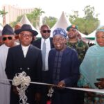L-R: Chief of Staff to the President, Femi Gbajabiamila, President of the Senate, Godswill Akpabio, Minister of Federal Capital Territory, Nyesom Wike, President Bola Tinubu and Minister of State for FCT, Mariam Mahmod at the official reopening of the refurbished International Conference Centre (ICC) in Abuja, now renamed the Bola Ahmed Tinubu International Conference Centre