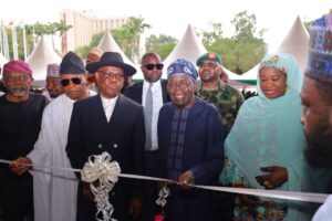 L-R: Chief of Staff to the President, Femi Gbajabiamila, President of the Senate, Godswill Akpabio, Minister of Federal Capital Territory, Nyesom Wike, President Bola Tinubu and Minister of State for FCT, Mariam Mahmod at the official reopening of the refurbished International Conference Centre (ICC) in Abuja, now renamed the Bola Ahmed Tinubu International Conference Centre