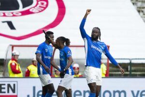 Genk s Tolu Toluwalase Arokodare celebrates during a soccer match between Royal Antwerp FC and KRC Genk, Thursday 26 Dec