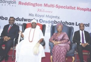 •L-R- Dr. Matthews- Oba Omogbolahan Lawal; his wife, Olori Mariam and Dr. Lalude, during the visit recently.