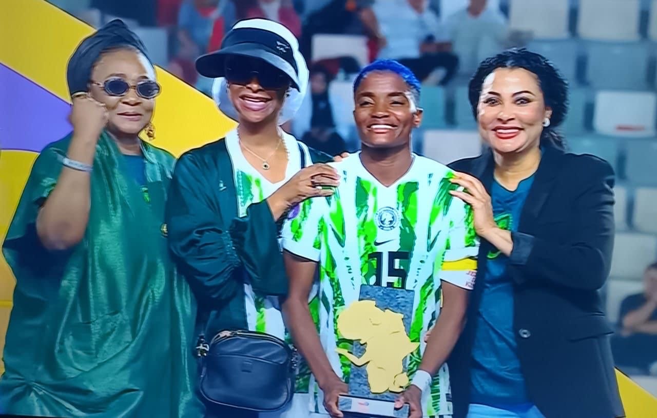 L-R: Ministers of Women Affairs Imaan Suleiman-Ibrahim, Minister of Arts, Culture, Tourism, and the Creative Economy, Hannatu Musawa, Super Falcons Captain, Rashida Ajibade and Minister of State for Finance, Doris Uzoka-Anite, at the WAFCON’s final in Morocco