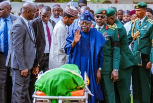 Tinubu leads as mammoth crowd bids ex-president, Buhari, farewell