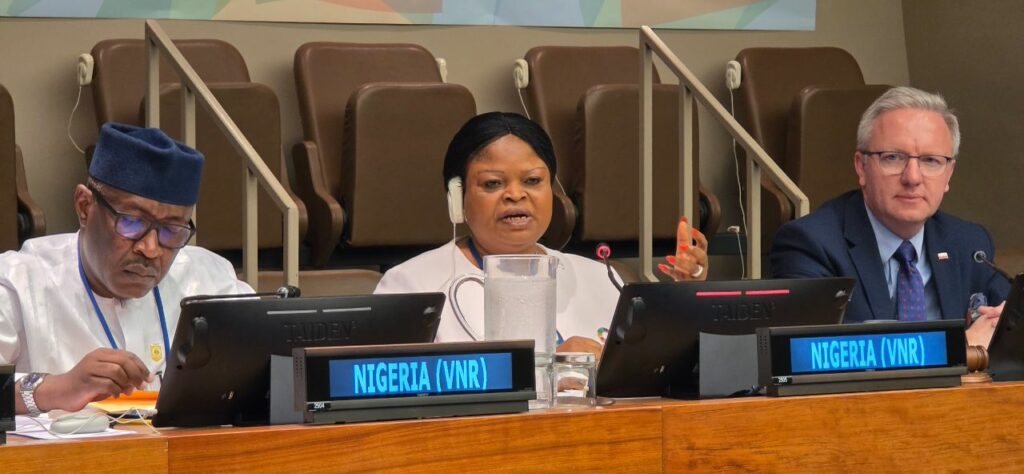 Senior Special Assistant to the President on Sustainable Development Goals (OSSAP-SDGs), Adejoke Orelope-Adefulire, presenting Nigeria’s Third Voluntary National Review (VNR), at the 2025 United Nations High-Level Political Forum (HLPF) on Sustainable Development, held at UN Headquarters, New York
