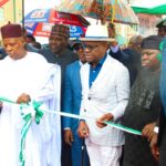 L-R: Minister of state FCT, Mariya Mahmoud, Vice President Kashim Shettima (Representative of President Boka Tinubu), and FCT Minister, Nyesom Wike, at the official commissioning of the newly constructed Connector Road CN-8, also known as Asuquo Okon Street, along with other connecting roads in the Dakibiyu District of Abuja, on Monday