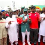 L-R: Former governor of Edo State and Senator representing Edo North Senatorial District, Adams Oshiomole, Edo State Governor, Senator Monday Okpebholo, FCT Minister, Nyesom Wike, Speaker, Edo State, House of Assembly, Blessing Agbebaku and the Secretary to Edo State Government, Musa Ikhilor, during the commissioning of new Edo Line
