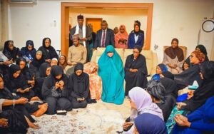 R-L (seated) First Lady of Nigeria Senator Oluremi Tinubu with widow of Late Former President Muhammadu Buhari Hajia Aisha Buhari with wives of State Governors, Wives of the Leadership of the National Assembly, Wives of Ministers, Wives of Service Chiefs, when the First Lady led them on a condolence visit to the Buharis at their Daura Residence on Saturday 19th July 2025