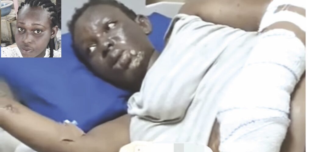 Cynthia on hospital bed. Inset- Cynthia before the attack