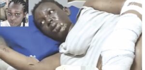 Cynthia on hospital bed. Inset- Cynthia before the attack