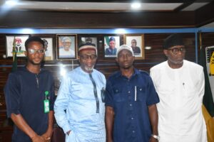 L-R: YABATECH) Students’ Union President, Gbekele, Dr. Abdul,  NAPS President, Oghayon and Dean, Students’ Affairs of YABATECH,  Alhaji Alaba Olalekan during courtesy visit paid to the management of YABATECH by NAPS.