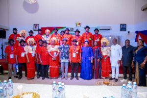 His Excellency, the Deputy Governor of Bayelsa State, Senator Lawrence Ewhrudjakpo (middle), with Study Team Members of NIPSS shortly after dinner at Golden Tulip, Yenagoa, at the weekend.