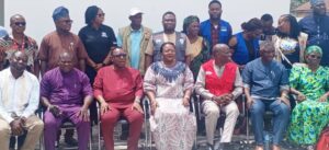Dignitories at the event. R-L: Executive Director, Ahanyeta Caregivers, Dr Esther Aidoga, State Commissioner of Education & Knowledge Management, Dr Frederick Ikyaan, Christian Aid Nigeria Head of Programmes, Mr Victor Arokoyo, Secretary to the Benue State Govt, Barr Deborah Serumun Aber, Principal Private Secretary to Gov. Hyacinth Alia, Dr Emmanuel Chenge, Benue State Commissioner for Humanitarian Affairs & Disaster Management, Hon. Aondowase Kunde, in a group photograph during the launch of the Christian Aid Nigeria Start Fund for Yelwata IDPs