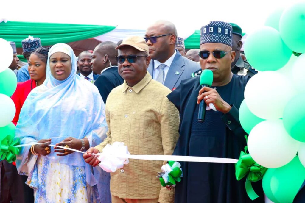 L-R: Minister of state FCT, Mariya Mahmoud, FCT Minister, Nyesom Wike, and Vice President Kashim Shettima (Representative of President Boka Tinubu),  at the commissioning of the dualised and upgraded Ushafa to War College/Army CheckPoint roads and other ancillary roads in the Bwari Area Council of the Federal Capital Territory (FCT).