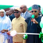 L-R: Minister of state FCT, Mariya Mahmoud, FCT Minister, Nyesom Wike, and Vice President Kashim Shettima (Representative of President Boka Tinubu),  at the commissioning of the dualised and upgraded Ushafa to War College/Army CheckPoint roads and other ancillary roads in the Bwari Area Council of the Federal Capital Territory (FCT).