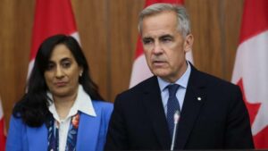 Canadian PM, Mark Carney flanked by Foreign Affairs Minister, Anita Anand