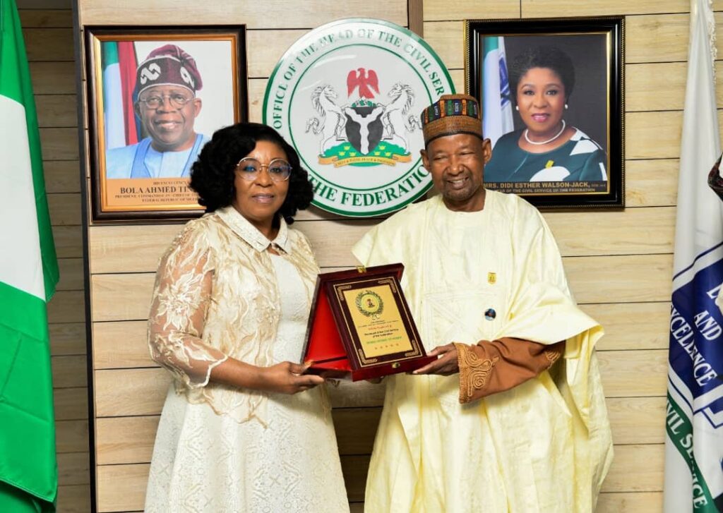 L-R: Head of the Civil Service of the Federation (HCSF) Mrs Didi Walson-Jack, Head of Service of Zamfara State Alhaji Yakubu Sani Haidara