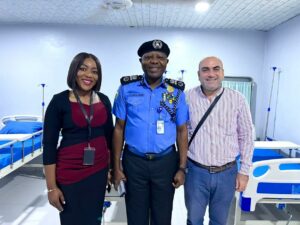 L-R: Mrs. Ufuoma Ilesanmi, Managing Director, Haven Homes; AIG Adegoke Fayoade, Assistant Inspector General, Zone 2 Police Command and Mr. Firas Jaber, Marketing Manager, Monterossa Construction Limited at the handing over of the medical facility refurbished by Haven Homes in Lagos, recently