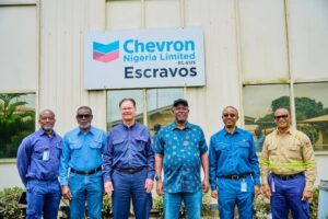 Facility visit: From left: Ogbonna Ajanwachuku, EGTL Technical Manager; George Nwigwe, EGTL Venture General Manager; Segun Kuteyi, Director, NNPC/CNL Joint Venture; Senator Heineken Lokpobiri, Hon. Minister of State for Petroleum Resources (Oil); Jim Swartz, Chairman and Managing Director, Chevron Nigeria Limited; Olusoga Oduselu, General Manager, Policy, Government and Public Affairs (PGPA) and Andew Omomehin, General Manager Operations, NNPC/CNL JV.
