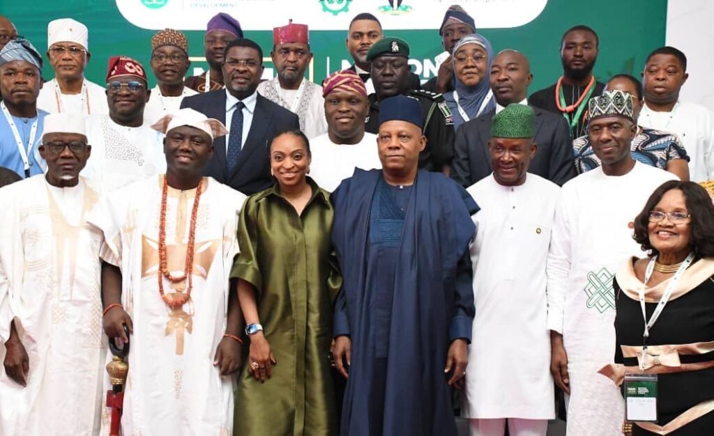 From left. Minister of Labour and Employment, Muhammadu Dingyadi; Alaafin of Oyo, Oba Abimbola Owoade; Minister of Trade and Investment, Jumoke Oduwole;  Vice President Kashim Shettima; Minister of State for Industry, Trade and Investment, John Enoh ; Permanent Secretary, Industry, Trade and Investment, Nura Rimi and Chief Executive Officer, Pharmaceutical Company, Stella Okoli during the National Industrial Manpower Summit at the Banquet Hall, State House Abuja on Tuesday (12/08/2025)