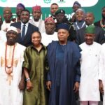 From left. Minister of Labour and Employment, Muhammadu Dingyadi; Alaafin of Oyo, Oba Abimbola Owoade; Minister of Trade and Investment, Jumoke Oduwole;  Vice President Kashim Shettima; Minister of State for Industry, Trade and Investment, John Enoh ; Permanent Secretary, Industry, Trade and Investment, Nura Rimi and Chief Executive Officer, Pharmaceutical Company, Stella Okoli during the National Industrial Manpower Summit at the Banquet Hall, State House Abuja on Tuesday (12/08/2025)