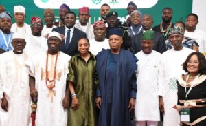 From left. Minister of Labour and Employment, Muhammadu Dingyadi; Alaafin of Oyo, Oba Abimbola Owoade; Minister of Trade and Investment, Jumoke Oduwole;  Vice President Kashim Shettima; Minister of State for Industry, Trade and Investment, John Enoh ; Permanent Secretary, Industry, Trade and Investment, Nura Rimi and Chief Executive Officer, Pharmaceutical Company, Stella Okoli during the National Industrial Manpower Summit at the Banquet Hall, State House Abuja on Tuesday (12/08/2025)