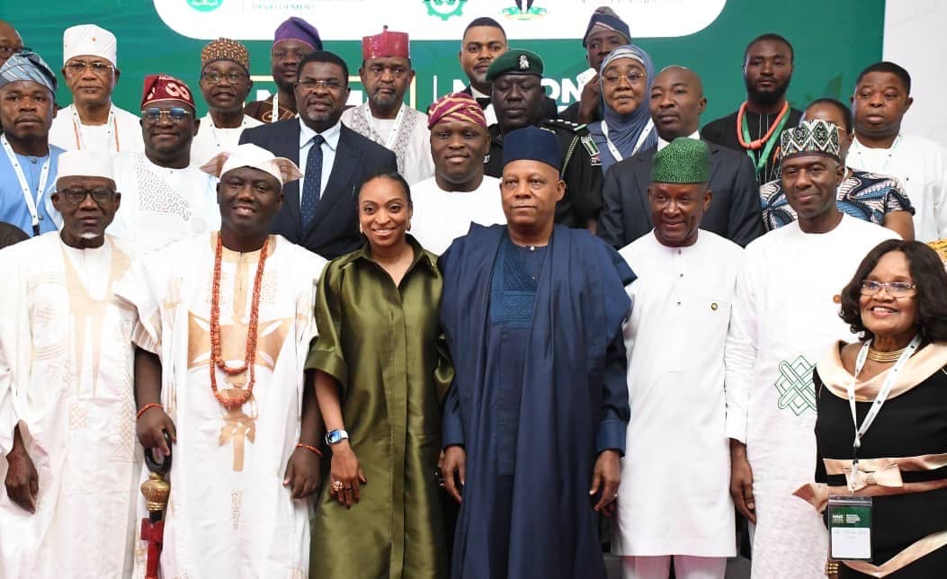 From left. Minister of Labour and Employment, Muhammadu Dingyadi; Alaafin of Oyo, Oba Abimbola Owoade; Minister of Trade and Investment, Jumoke Oduwole;  Vice President Kashim Shettima; Minister of State for Industry, Trade and Investment, John Enoh ; Permanent Secretary, Industry, Trade and Investment, Nura Rimi and Chief Executive Officer, Pharmaceutical Company, Stella Okoli during the National Industrial Manpower Summit at the Banquet Hall, State House Abuja on Tuesday (12/08/2025)