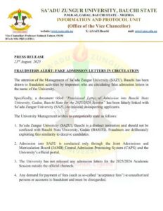 Sa’adu Zungur University raises alarm over fake admission letters