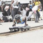 A junior athlete competing in the Skeleton event at the recent National Push Championship, in Lagos.