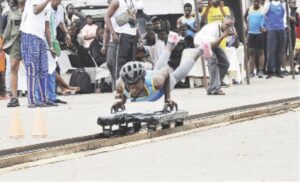 A junior athlete competing in the Skeleton event at the recent National Push Championship, in Lagos.