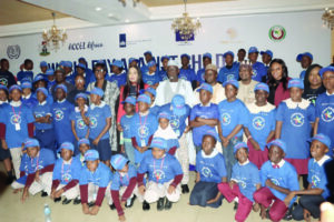 Dingyadi, minister of state for labour and employment, Nkiruka Onyejeocha and some school children at the 2025 Day Against Child Labour Commemoration organised by ILO in Abuja.