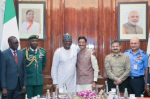 Minister of State for Defence Dr Bello Mohammed Matawalle and Indian Minister of State for Defence Mr Raksha Rajya Mantri Sanjay Seth