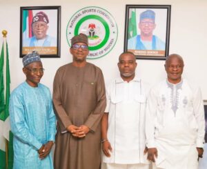 The chairman of the National Sports Commission (NSC), Shehu Dikko (2nd left), the CEO of Yucateco Ltd Hon.Omonlei Imadu (2nd right ) and others during the visit to the commission’s head office