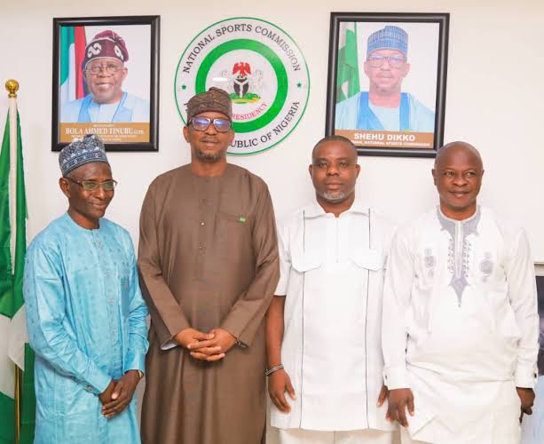The chairman of the National Sports Commission (NSC), Shehu Dikko (2nd left), the CEO of Yucateco Ltd Hon.Omonlei Imadu (2nd right ) and others during the visit to the commission’s head office