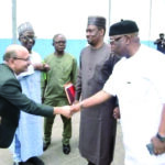 The Managing Director of DSWAL: Mr. Hikmat B. Thapa (left)  welcoming Senator Ipinsagba Olajide Emmanuel, Senate Committee Chairman on Public Procurement. Others are (from the Chairman’s immediate right): Senator Haruna Manu, Deputy Committee Chairman; Mr. Fredrick Odey, Committee Clerk, and Dr. Shuaib Abdullahi.