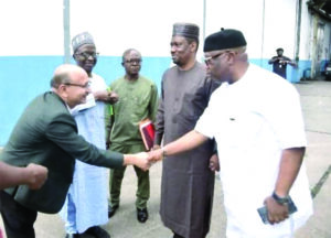 The Managing Director of DSWAL: Mr. Hikmat B. Thapa (left)  welcoming Senator Ipinsagba Olajide Emmanuel, Senate Committee Chairman on Public Procurement. Others are (from the Chairman’s immediate right): Senator Haruna Manu, Deputy Committee Chairman; Mr. Fredrick Odey, Committee Clerk, and Dr. Shuaib Abdullahi.