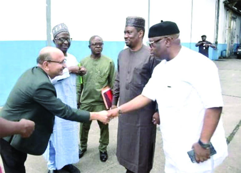 The Managing Director of DSWAL: Mr. Hikmat B. Thapa (left)  welcoming Senator Ipinsagba Olajide Emmanuel, Senate Committee Chairman on Public Procurement. Others are (from the Chairman’s immediate right): Senator Haruna Manu, Deputy Committee Chairman; Mr. Fredrick Odey, Committee Clerk, and Dr. Shuaib Abdullahi.