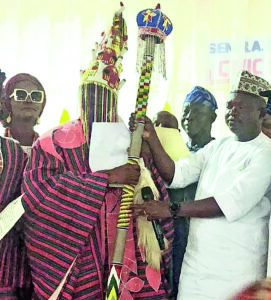 Oba Ogunoye receiving his staff of office 24 years after becoming king