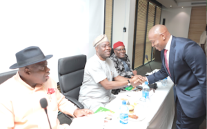 L–R: Bayelsa State Governor, Douye Diri; Oyo State Governor, Seyi Makinde; former Senate president and Chairman, PDP Board of Trustees, Adolphus Wabara and Deputy of Enugu State, Dr Ifeanyi Ossai, during the PDP Southern Zoning Consultative Summit in Lagos, yesterday.