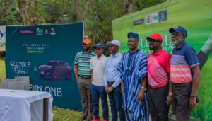 L-R: Director Open Field Properties & Management, Mr. Adebayo Kayode; Convener, Mr. Folarin Laosun; General Manager, Marketing, Carloha Nigeria, Mr. Felix Mahan; Commissioner for Culture and Tourism, Oyo State, Dr Wasiu Olatunbosun; Captain Ibadan Golf Club, Mr. Seyi Alaba; and Competition Secretary, Mr. Bunmi Oladimeji; during the press conference ahead of the Oluyole Golf Tournament in Ibadan, recently