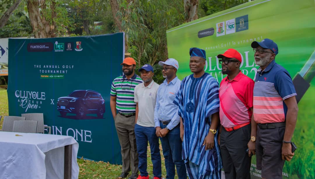 L-R: Director Open Field Properties & Management, Mr. Adebayo Kayode; Convener, Mr. Folarin Laosun; General Manager, Marketing, Carloha Nigeria, Mr. Felix Mahan; Commissioner for Culture and Tourism, Oyo State, Dr Wasiu Olatunbosun; Captain Ibadan Golf Club, Mr. Seyi Alaba; and Competition Secretary, Mr. Bunmi Oladimeji; during the press conference ahead of the Oluyole Golf Tournament in Ibadan, recently