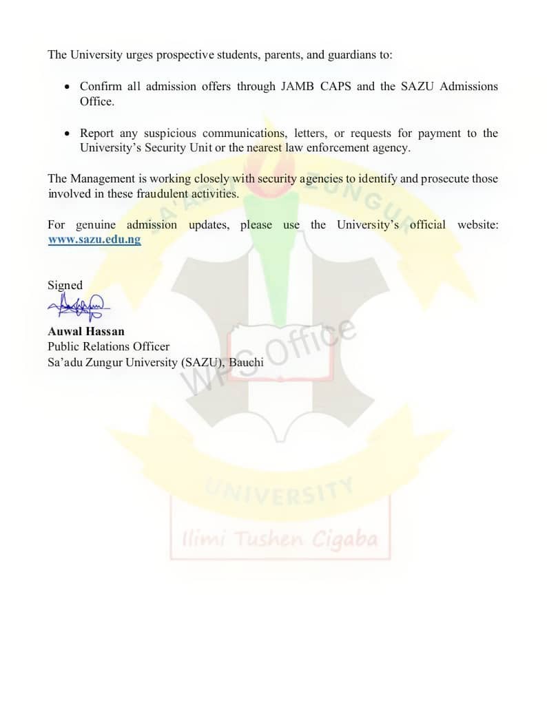 Sa’adu Zungur University raises alarm over fake admission letters
