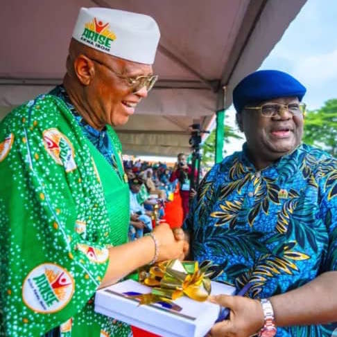 Gov Umo Eno receiving Needs Document from the people of Etinan Fed Constituency during Town Square meeting at the weekend