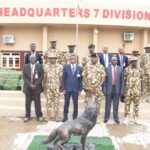 National Centre for the Control of Small Arms and Light Weapons (NCCSALW) Zonal Director,  retired Maj Gen Abubakar Adamu (centre) with Acting GOC 7 Division Nigerian Army Maiduguri, Brig Gen Unachukwu during the visit