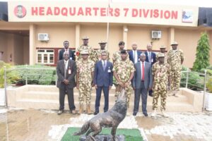 National Centre for the Control of Small Arms and Light Weapons (NCCSALW) Zonal Director,  retired Maj Gen Abubakar Adamu (centre) with Acting GOC 7 Division Nigerian Army Maiduguri, Brig Gen Unachukwu during the visit